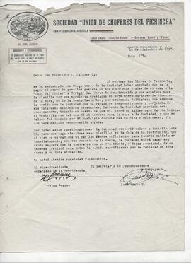 Carta a Francisco Salazar Cortez de la Sociedad "Unión de choferes del Pichincha".