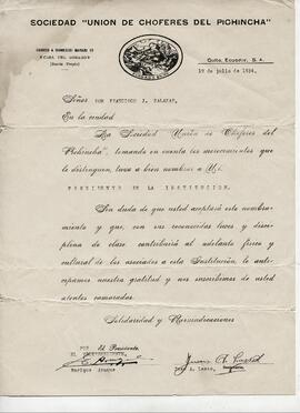 Nombramiento de Francisco Javier Salazar Cortez como vicepresidente de la Sociedad "Unión de choferes del Pichincha", Quito.