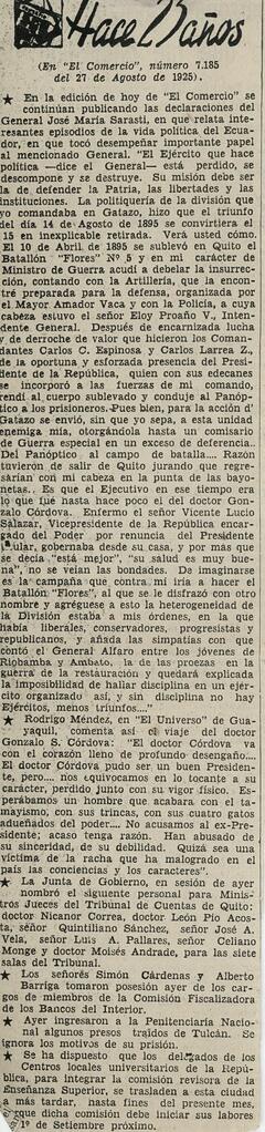 Recorte de prensa El Comercio “Hace 25 años” donde recuerda vida política General José María Sarasti y su muerte
