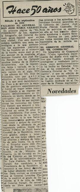 Publicación “Hace 50 años” Prensa el Comercio recuerda 50 de  la muerte del General José María Sarasti