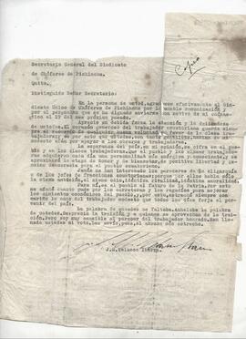 Carta de José María Velasco Ibarra dirigida a Francisco Salazar Cortez, Secretario General del Sindicato de Chóferes de Pichincha, Quito.