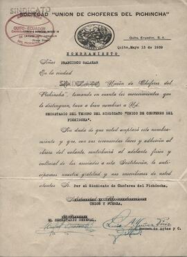 Nombramiento como secretario del tesoro a Francisco Salazar Cortez por parte del Sindicato "Único de choferes del Pichincha", Quito.