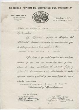 Nombramiento de Francisco Javier Salazar Cortez como Presidente de la Sociedad "Unión de choferes del Pichincha", Quito.