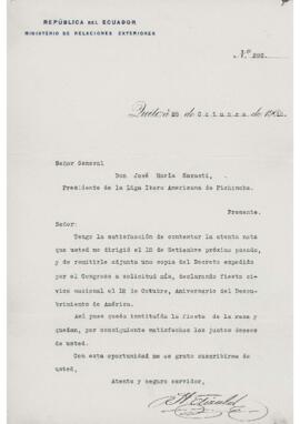 Oficio 292 del Ministerio de Relaciones Exteriores a General Sarasti firma  N. Elizalde. Quito