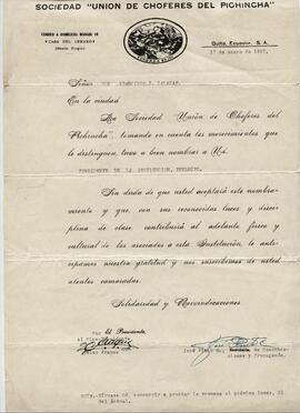 Nombramiento de Francisco Javier Salazar Cortez como presidente de la Sociedad "Unión de choferes del Pichincha", Quito.