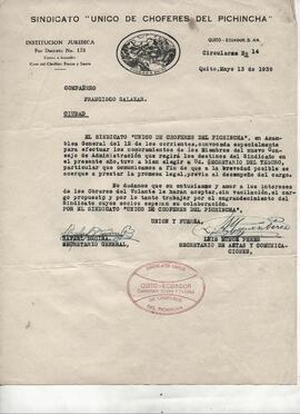 Nombramiento como secretario del tesoro a Francisco Salazar Cortez por parte del Sindicato "Único de choferes del Pichincha", Quito.