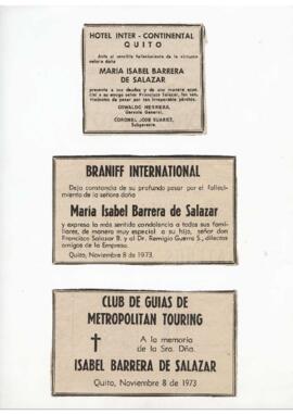 Obituarios de María Isabel Barrera de Salazar, esposa de Francisco Salazar Cortez.