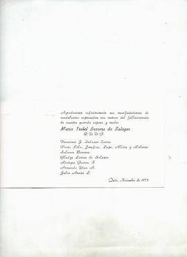 Agradecimiento de condolencias por el fallecimiento de María Isabel Barrera de Salazar en Quito.