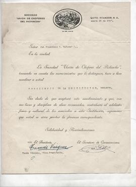 Nombramiento de Francisco Salazar Cortez como Presidente de la Sociedad "Unión de choferes del Pichincha", Quito.