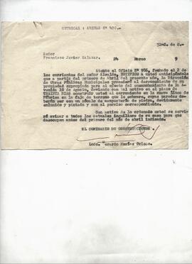 Aviso al señor Francisco Javier Salazar sobre el derrocamiento de su propiedad para el ensanchamiento de la Av. 10 de Agosto en Quito.