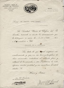 Nombramiento de Francisco Javier Salazar Cortez como vicepresidente de la Sociedad "Unión de choferes del Pichincha", Quito.