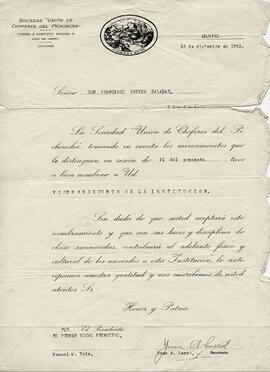 Nombramiento de Francisco Javier Salazar Cortez como vicepresidente de la Sociedad "Unión de choferes del Pichincha", Quito.